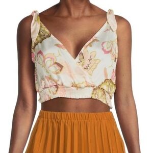 Area Stars Jaime Floral V-Neck Surplice Crop Top Faux Tie Shoulders, Size Large